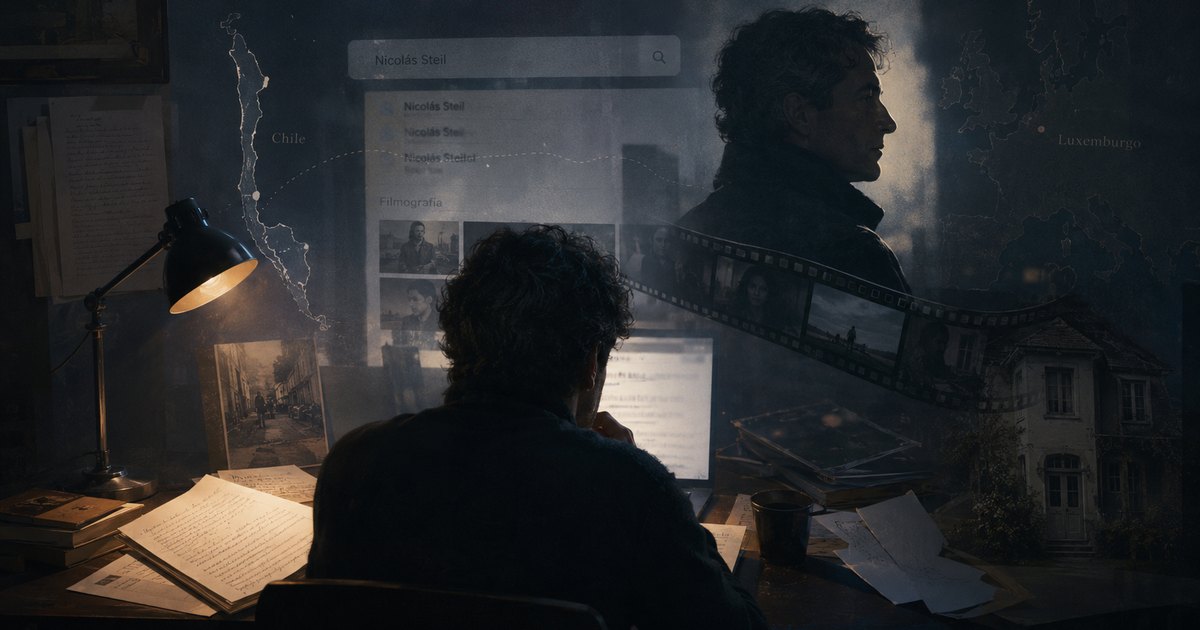 Un homme de dos devant un ordinateur ; sur l'écran se superposent un moteur de recherche affichant le nom Nicolás Steil, une carte du Chili au Luxembourg, une bobine de film et le visage de l'autre Nicolas Steil.